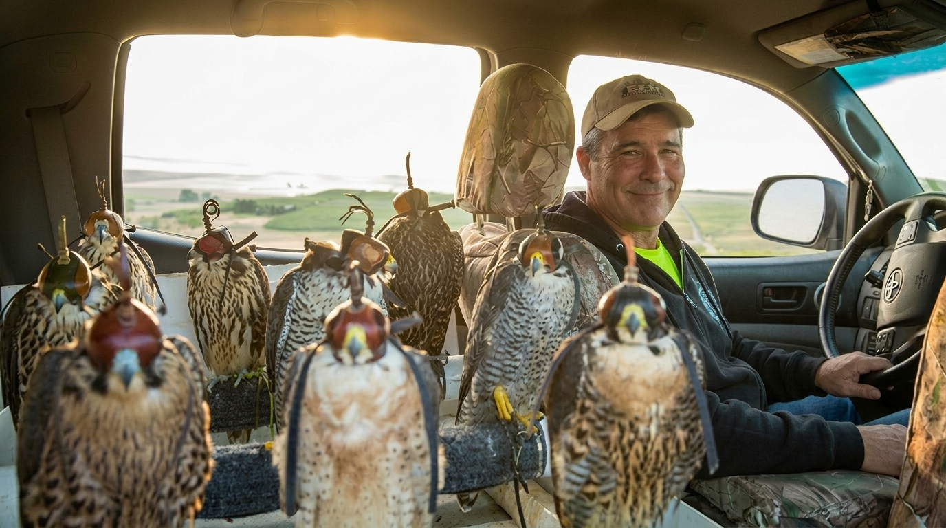 Falconer with team of trained falcons in truck